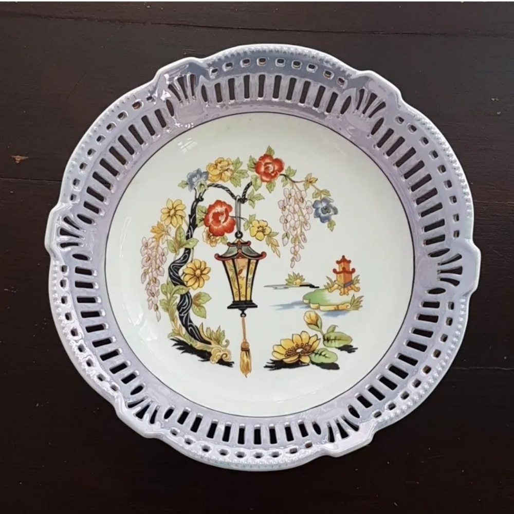 Vintage German Porcelain Fruit Bowl with Asian-Inspired Garden Design